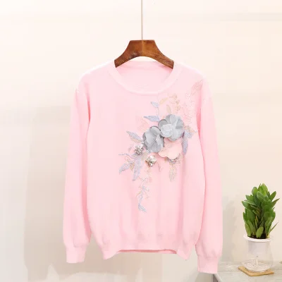 Neploe/свитер для девочек с цветочной аппликацией и бусинами; Однотонный женский пуловер с круглым вырезом; коллекция года; сезон осень-зима; Новая мода; Sueter Mujer; 68995 - Цвет: 68995 pink