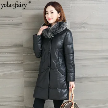 

YOLANFAIRY Geniune Leather Jacket Real Sheepskin Leather Fox Fur Collar Winter Down Coat Chaquetas Invierno Mujer CJX7005B MF089