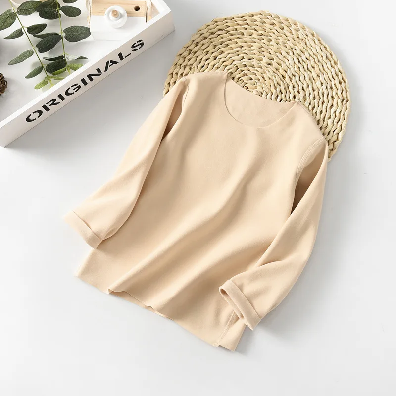 beige yellow Детская зимняя футболка с круглым вырезом Теплая Флисовая футболка с длинными рукавами для мальчиков и девочек хлопковая детская одежда удобные мягкие Топы LZ548 - Цвет: beige yellow