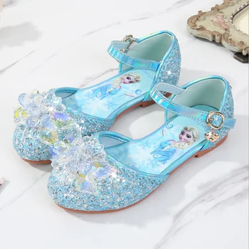 

Elsa Princess Kids Leather Shoes For Girls Flower Casual Glitter Children Flat Heel Girls Shoes Knot Blue Pink Silver Shoes