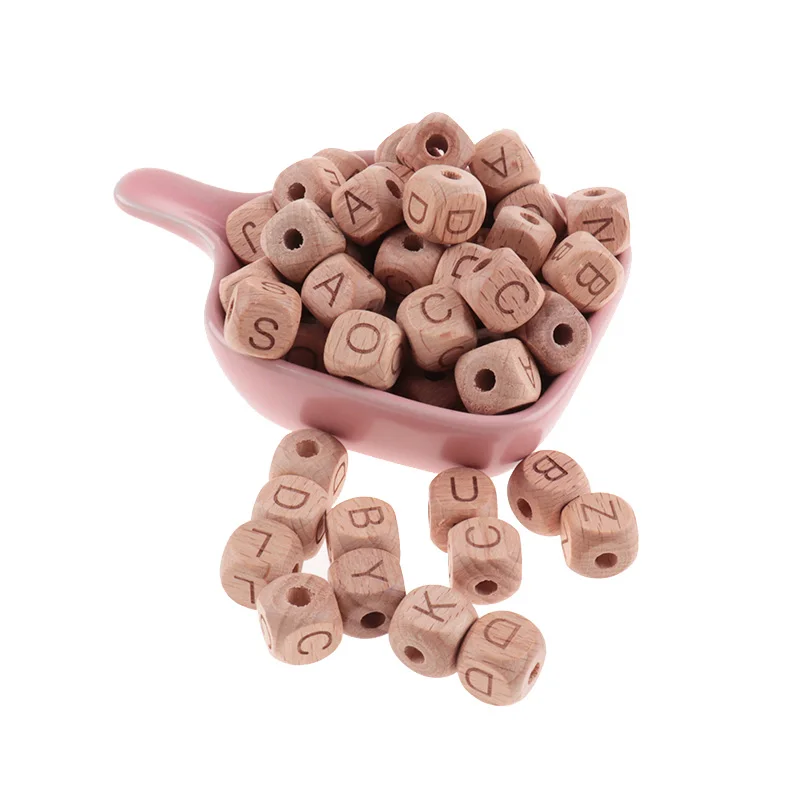 100pcs Wooden Letters Baby Wood Beech Beads Baby Teethers Necklace Food Grade Wooden Teether Nursing Letter Beads BPA Free