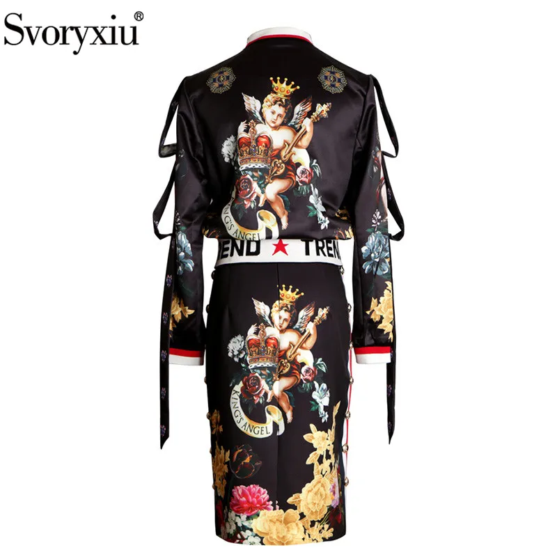 Preise Svoryxiu Vintage Angel Blume Print Schwarz Rock Anzug frauen Fashion Runway Herbst Winter Zwei Stück Set 2019 Neue
