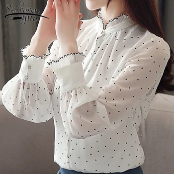 Fashion women chiffon blouse 2019 spring Long sleeve Puff blouse stand neck Chiffon lady shirt Dot pattern Lady blouse 2261 50
