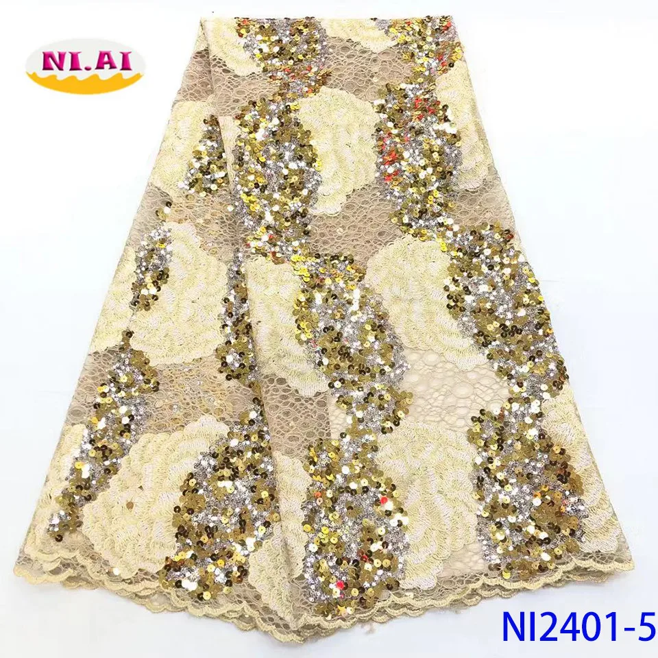 NIAI African Lace Fabric High Quality Lace Nigerian Sequins Lace Fabrics Embroidered French Lace Fabric For Women NI2401-4