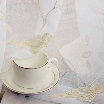 

Sheer Curtain Window Decor Screen Polyester Drapes Treatments Birds Embroidery Leaves Living Room Door Home Textiles