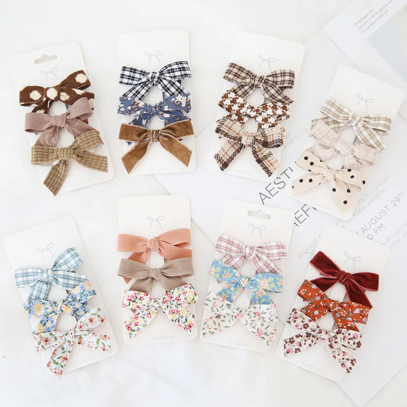 

6pcs/set New Fashion Korean Sweet Girls Plaid Fabric Bow Hair Clip Children Simple Knitting Flower Clip Hair Accessories