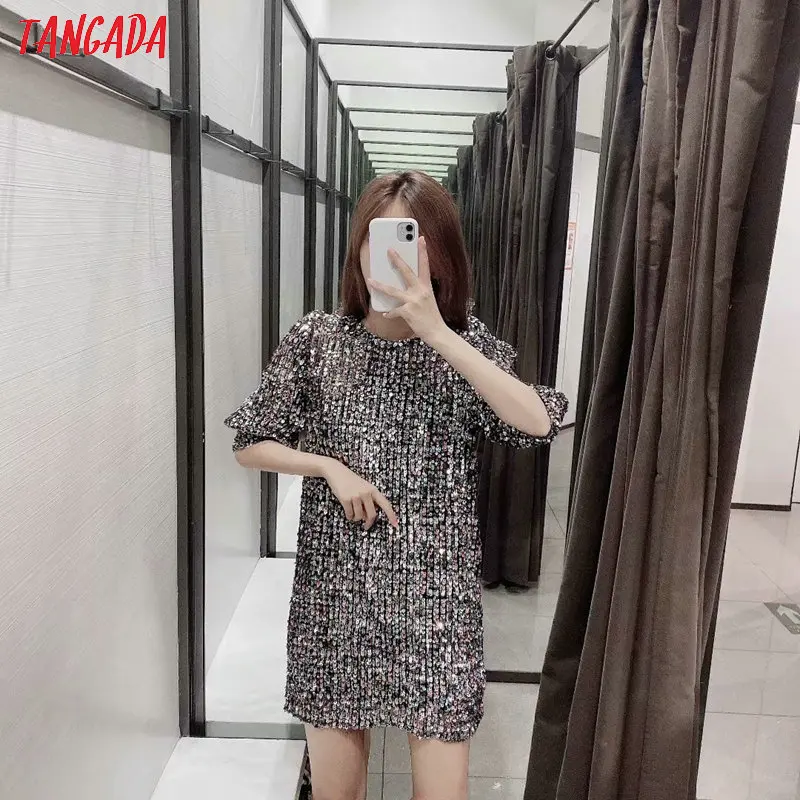Tangada, женское сексуальное разноцветное мини-платье с блестками, блестящее, с круглым вырезом, с коротким рукавом, женское вечернее платье, vestido 5Z81