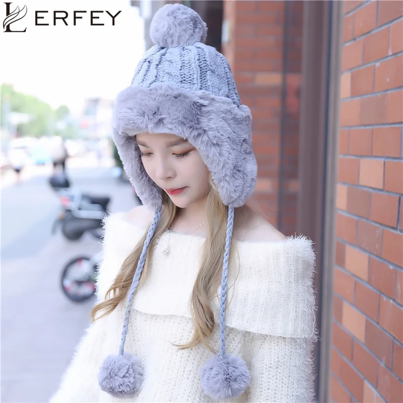 LERFEY, зимние женские шапки-бомберы, искусственный мех, теплые утолщенные ушанки, зимние вязаные шапки, Русская Шапка-бомбер, шапка с наушниками, шапки бини