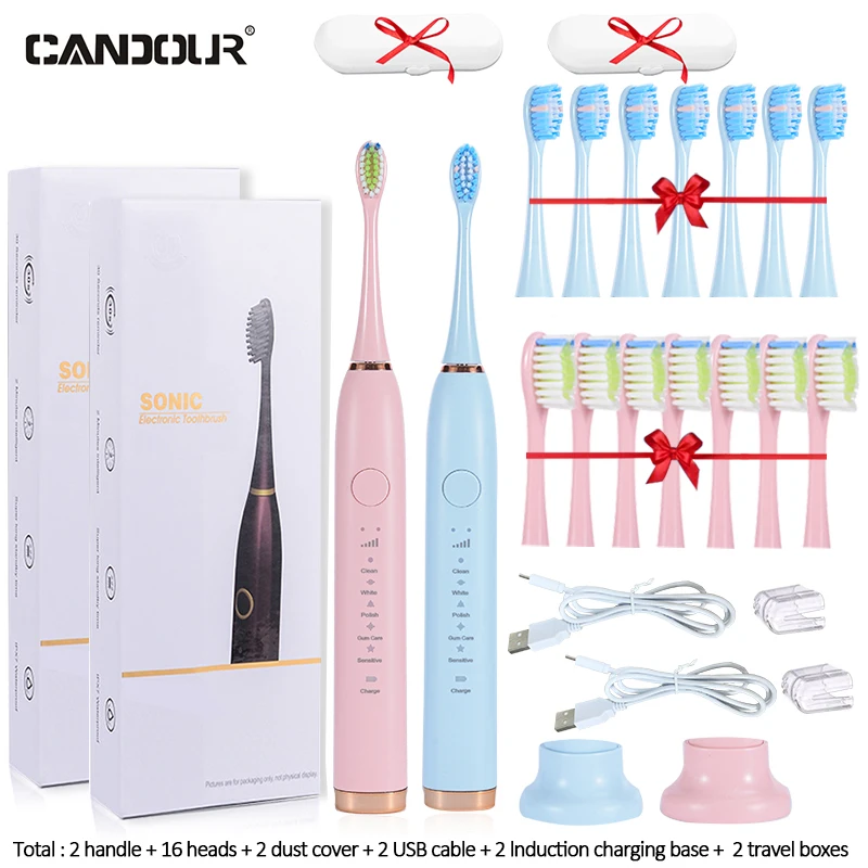 Cantour-USB 충전 충전식 음파 전동 칫솔 CD5138, 성인용 교체 브러시 헤드 16 개