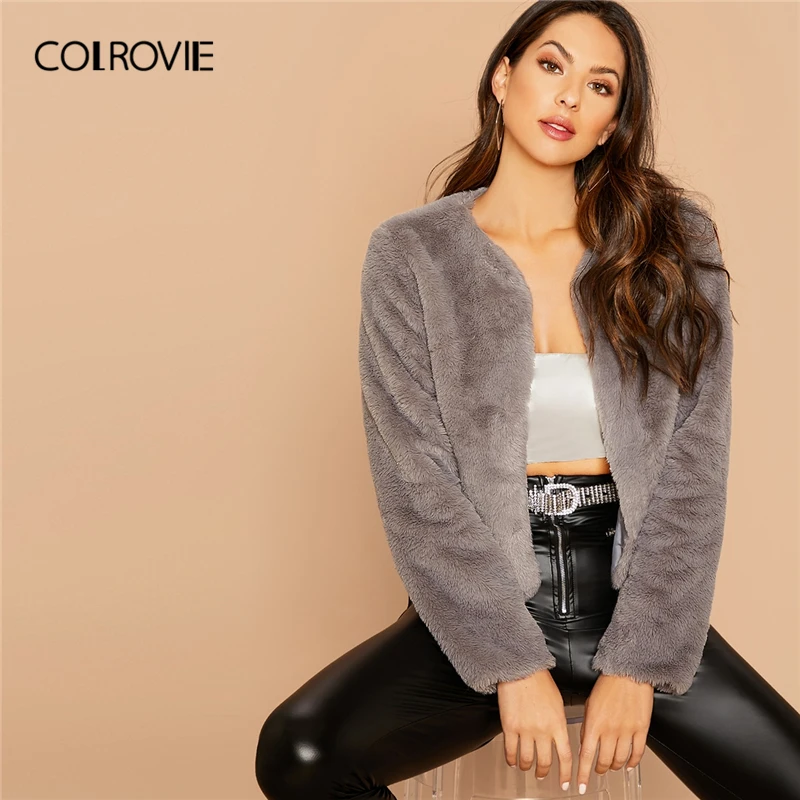 

COLROVIE Grey Open Front Faux Fur Coat Women Elegant 2019 Winter Solid Glamorous Coats And Jackets Ladies Warm Outerwear