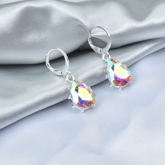 Geometric Crystal Water Drop Earrings For Women Silver Color Red Blue Jewelry Bridal Gift Boucle D'Oreille Femme