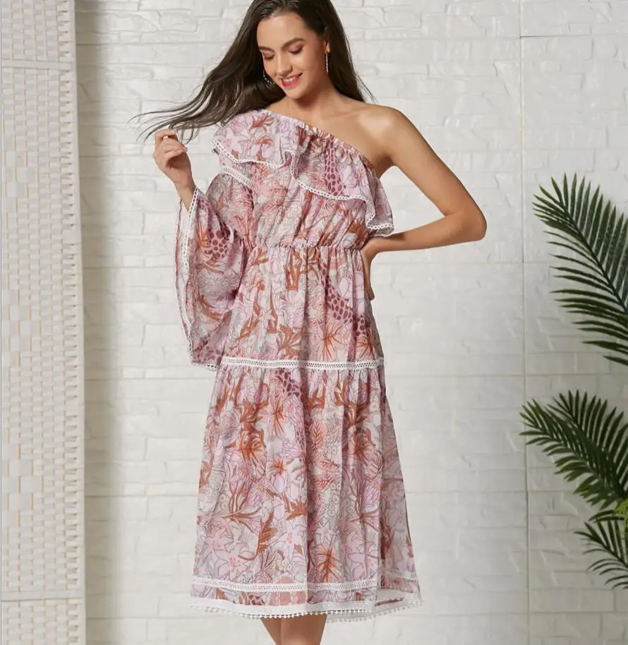 

Bogeda New 2019 Women Dresses Ruffles One-Shoulder Print Long Spring Summer Pink Loose Dress Elegant Ladies Party Dresses