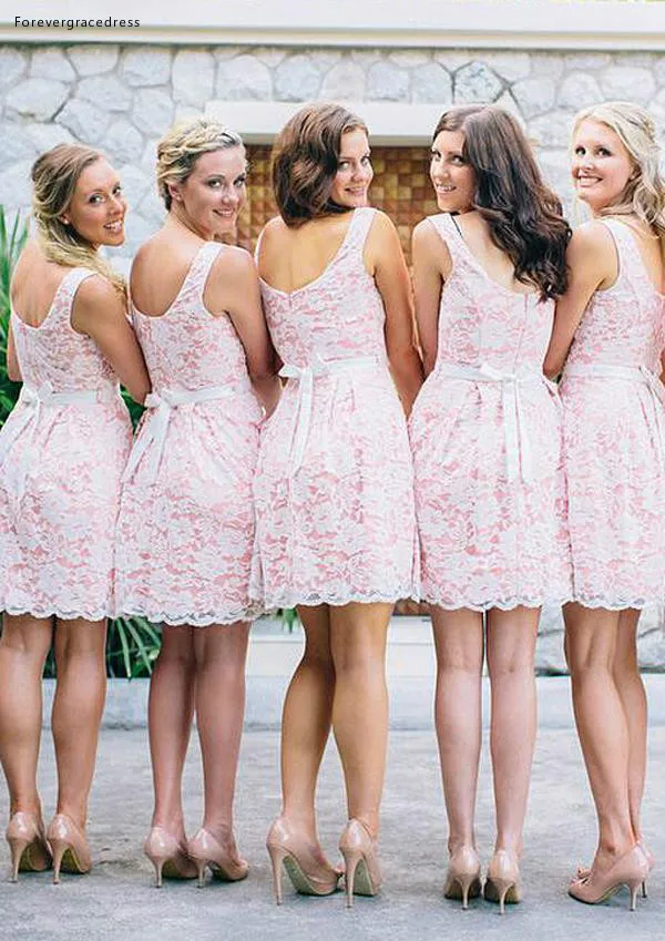 Lovely Pink Short Bridesmaid Dresses for Juniors A Line Knee Length Lace Appliques with Sash Junior Maid of Honor Gowns Homecoming Dress  89 (1)