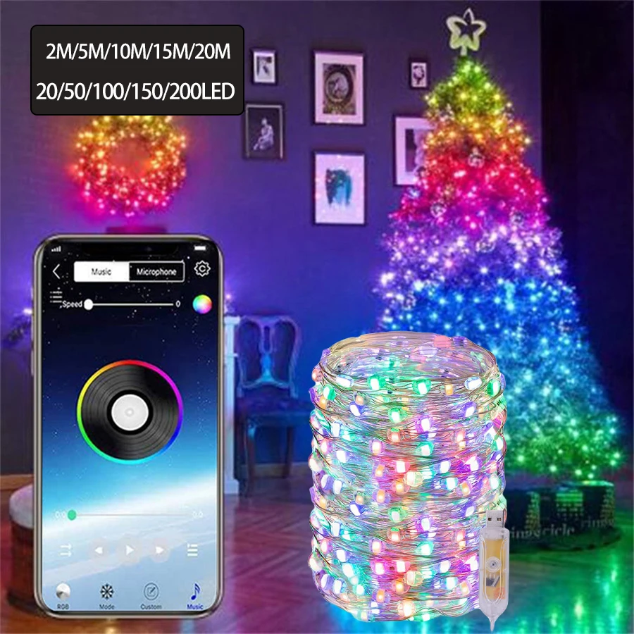 

10M 20M Smart Copper Wire LED String Fairy Light Bluetooth App Control Christmas Wedding Holiday String Light Garland Home Decor