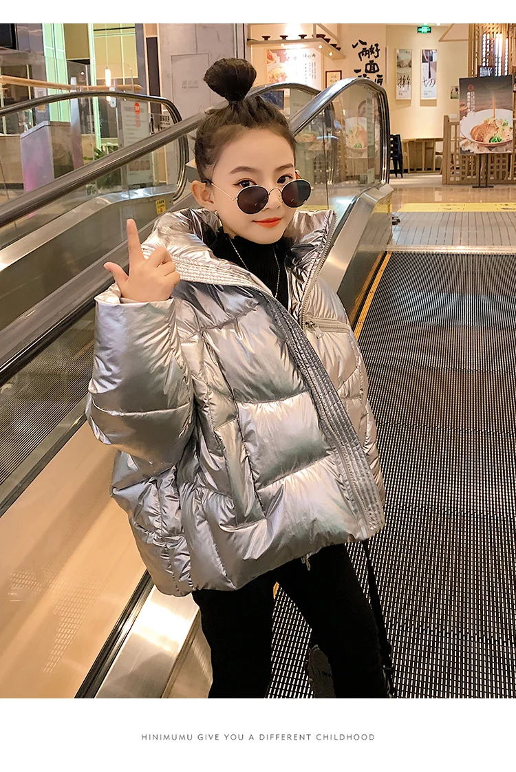 silver down jackets Глянцевые пуховые пальто больших размеров для девочек теплая детская парка с капюшоном для девочек, детские зимние пуховики на молнии для девочек, Y2481 - Цвет: silver down jackets