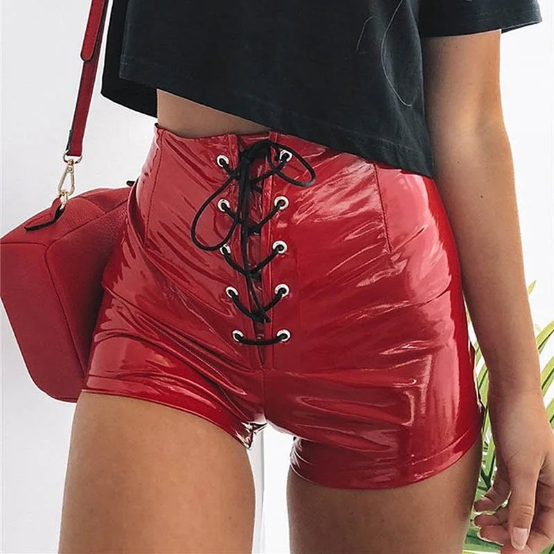 Women Leather Shorts Lace Up Wet Look 