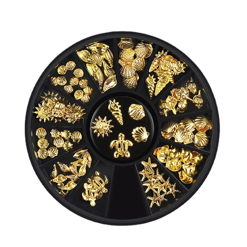 

1 Box Gold Ocean Theme Metal Studs Sea Starfish Shell Turtle Slice Flakes 3d Nail Art Decoration In Wheel DIY UV Manicure Tools