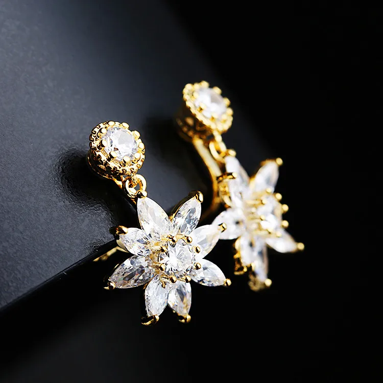 

Luxury Silver Gold Color Wedding Earrings Boho Female White Zircon Flower Clip Earrings Fashion Simple Double Earrings For Women