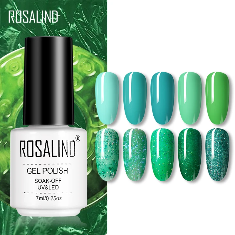 

ROSALIND Green Color Series Nail Gel Polish 7ml Pure Glitter Bright Color Gel Nail Art Design Lamp All For Manicure TOP Base