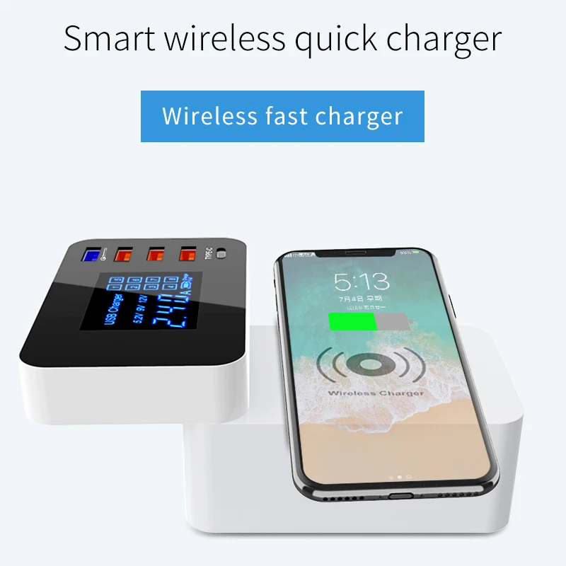 QI Беспроводное зарядное устройство Quick Charge 3,0 Smart usb type C зарядное устройство станция концентратор светодиодный дисплей быстрый адаптер для зарядки настольной полосы