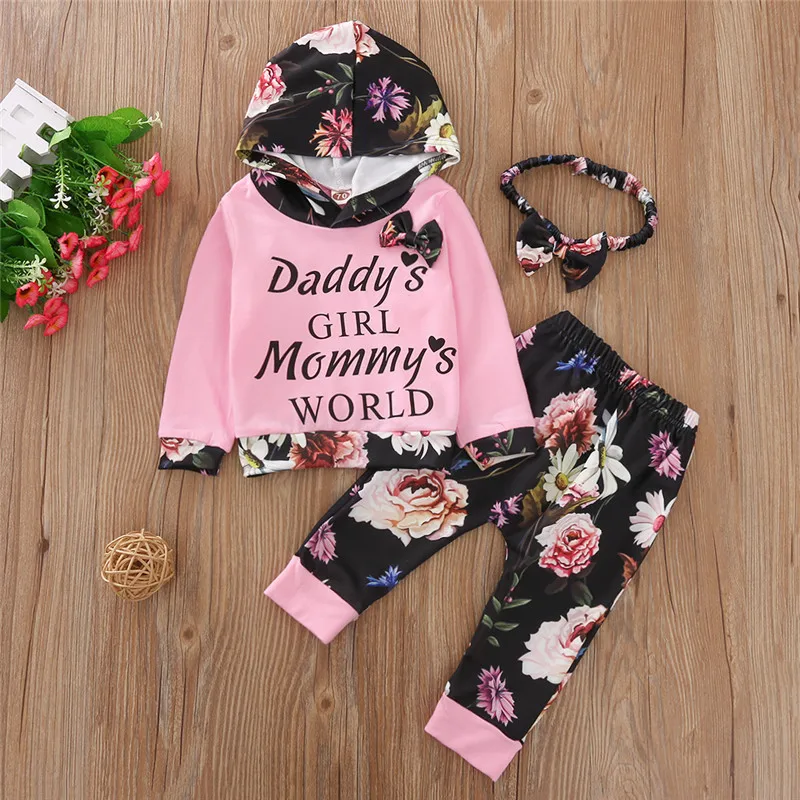 

Baby Girlâ€™s Long-sleeved Trousers Suit Unique Letter Hooded T-shirt Flower Print Elastic Long Pants and Headband