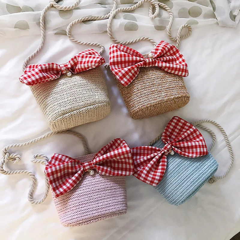 

2019 New Style Bow Fashion Summer Small Bag Versatile Shoulder Straw Pastoral Style One-Shoulder Bucket WOMEN'S Bag Fashion