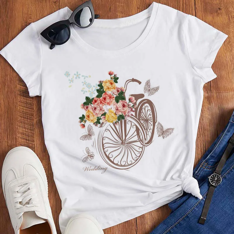 Pink T Shirt Women Beautiful Scenery Bicycle Vogue Casual Tshirt Harajuku Korean Style Graphic Tops Kawaii Short Sleeve T-shirt