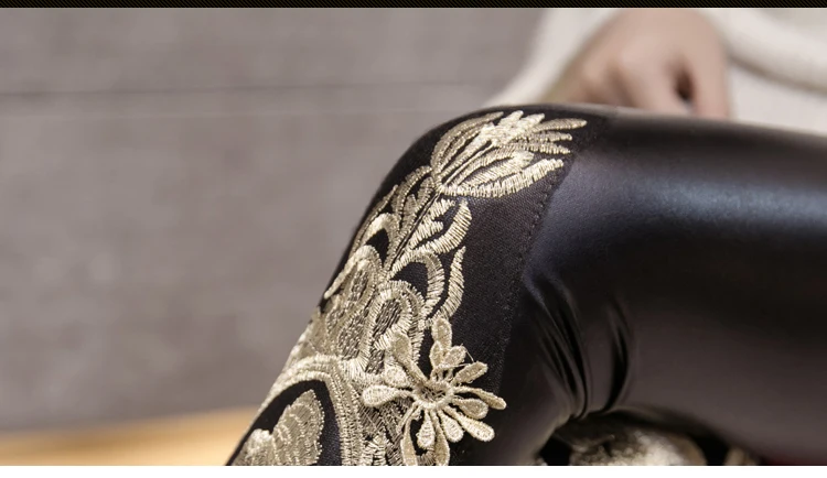 Теплые женские леггинсы сексуальные черные теплые кожаные брюки с высокой талией повседневные кружевные бархатные леггинсы с вышивкой из искусственной кожи Mujer