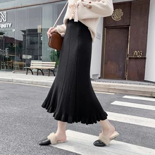 Новинка, Женская юбка с оборками, Вязанная, высокая талия, длинный хвост, шерсть, юбки цвета: коричневый, черный, абрикосовый, 5526