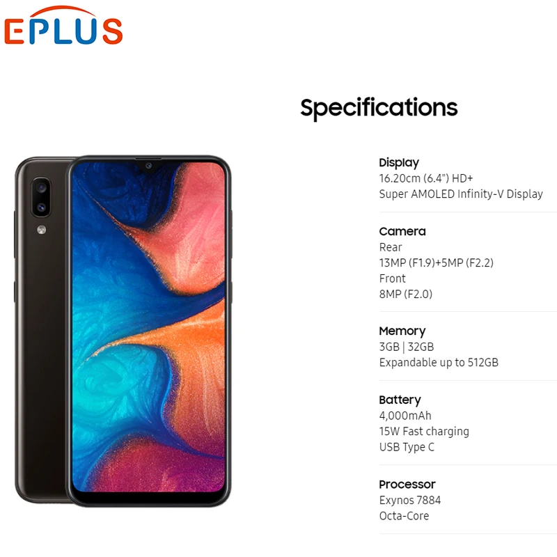 Мобильный телефон samsung Galaxy A20 A205GN/DS, 6,4 дюймов, 3 ГБ ОЗУ, 32 Гб ПЗУ, восьмиядерный смартфон Exynos 7884, Android 9, две sim-карты, 4G