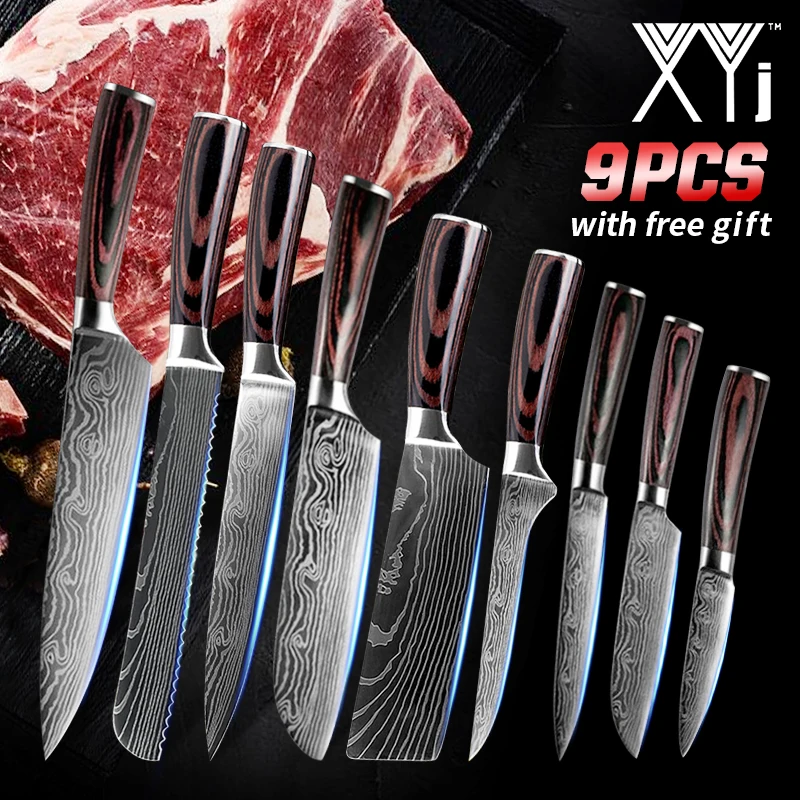  Kitchen Knife Set Laser Damascus pattern Chef Bread Eviscerate Sliced Fruit Chinese Japanese Cleave - 4000291836289