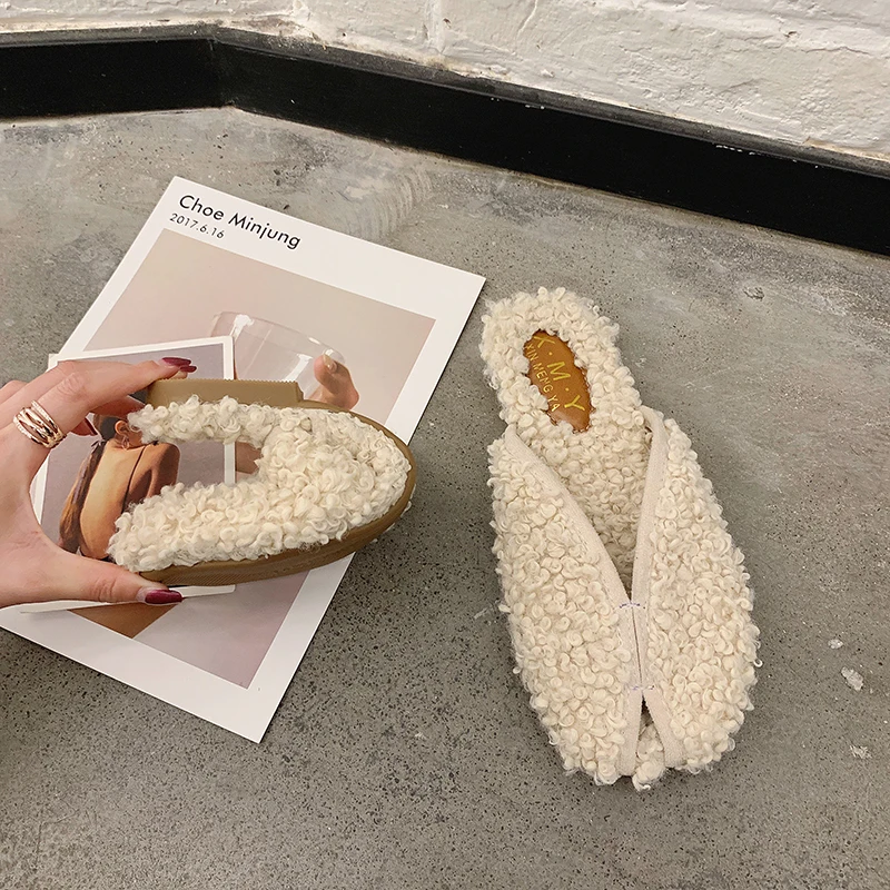 Wool roll slippers korean flats close toe winter woman fur slides brief solid casual lazy flip flops female furry loafers plush