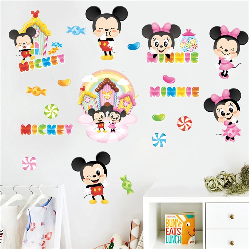 Cartoon Disney Mickey Minnie Mouse Wall Stickers For Kindergarten Kids Room Home Decoration Anime Wall Mural Art PVC DIY Decals