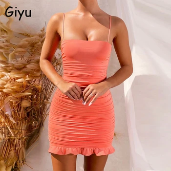 

Giyu Summer Dress Women 2020 Sexy Bodycon Club Party Mini Dresses Elegant Spaghetti Stap Off Shoulder Ruched Ruffle Robe Vestido