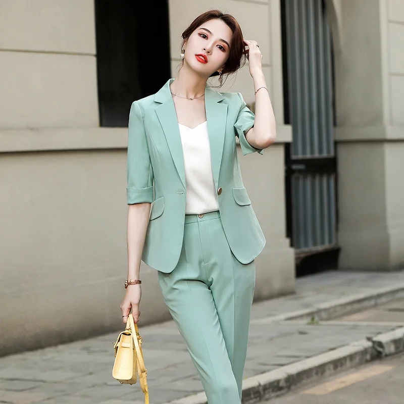 Novelty Green Formal Uniform Designs Pantsuits Women Business Work Wear Professional Blazers Trousers Sets Half Sleeve OL Styles