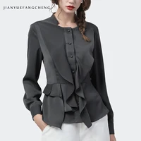 Fashion Women Square Neck Shirt Ruffles Long Sleeve Peplum Top Elegant Slim Solid Color 2020 Spring New Ladies Office Blouses 1