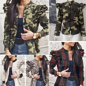 

Polka Dot Print Bomber Jacket Women Zipper Up Retro Ruffle Coat 2020 Autumn Long Sleeve Basic Plus Size 3XL Short Jackets Female