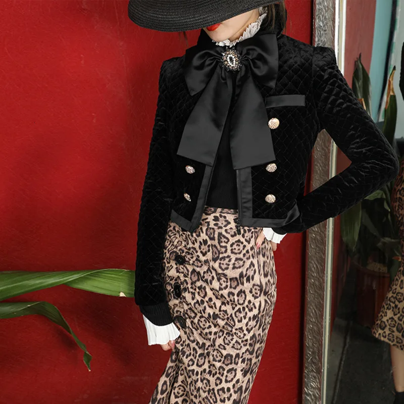 awesome 2020 winter fashion high street women clothes Slim single breasted bow collar velvet full sleeves