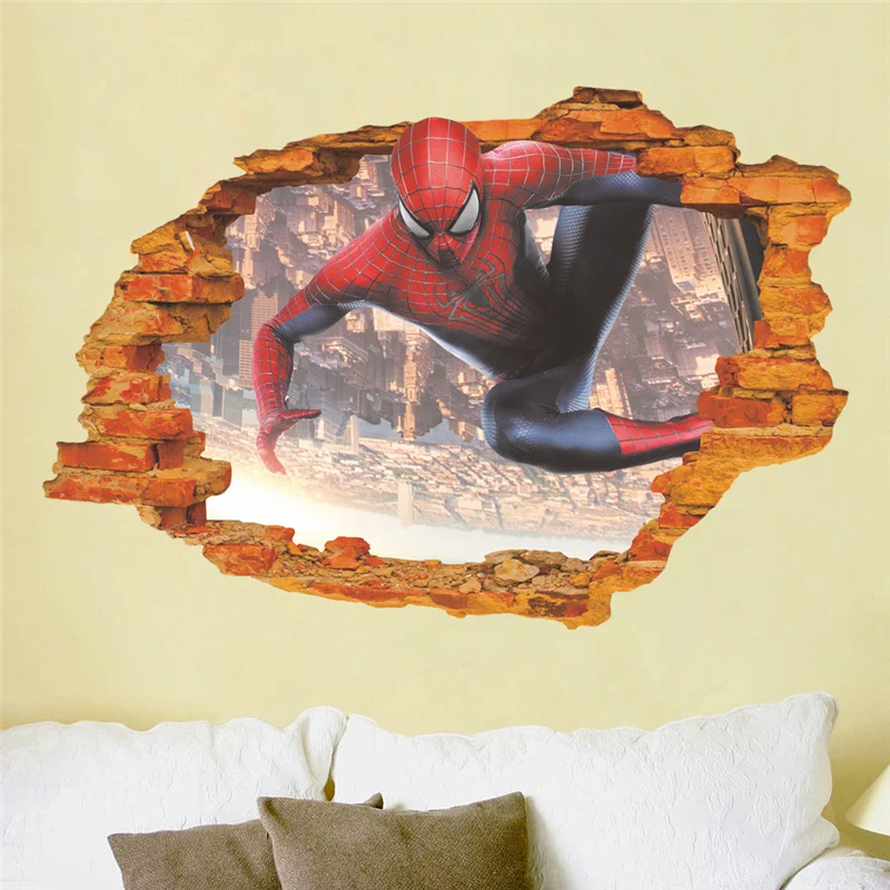 Super Heros 3D Broken Hole Wall Stickers For Kids Room Home Decor Spiderman Batman Ironman Hulk Avengers Mural Art Boys Decals