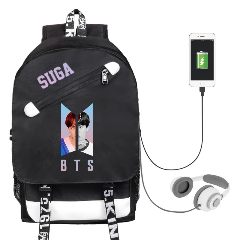 

BTS School Bag Bulletproof Boys Related Products Backpack USB Chargeable Sports Casual School Bag Men And Women Schoolbag