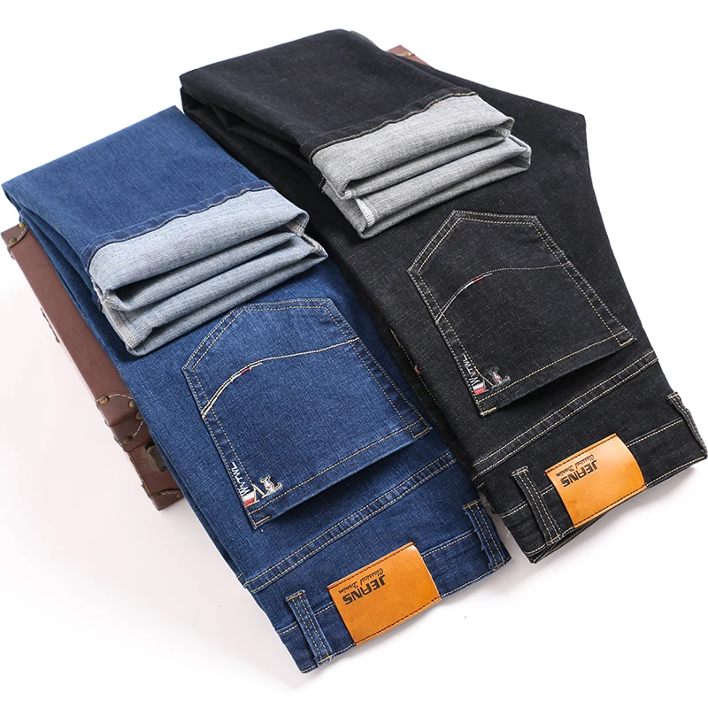 Большие размеры 42, 44, 46, мужские классические стильные эластичные облегающие прямые джинсы, черные, синие, мужские Модные деловая Повседневная из хлопка, джинсовые штаны