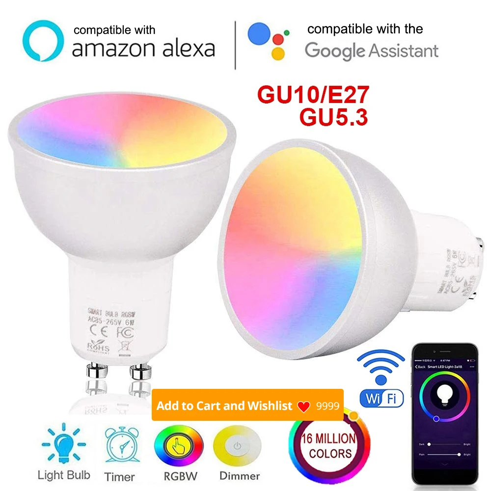 Умная светодиодсветильник лампочка GU10/GU5.3/E27 с Wi Fi и дистанционным управлением