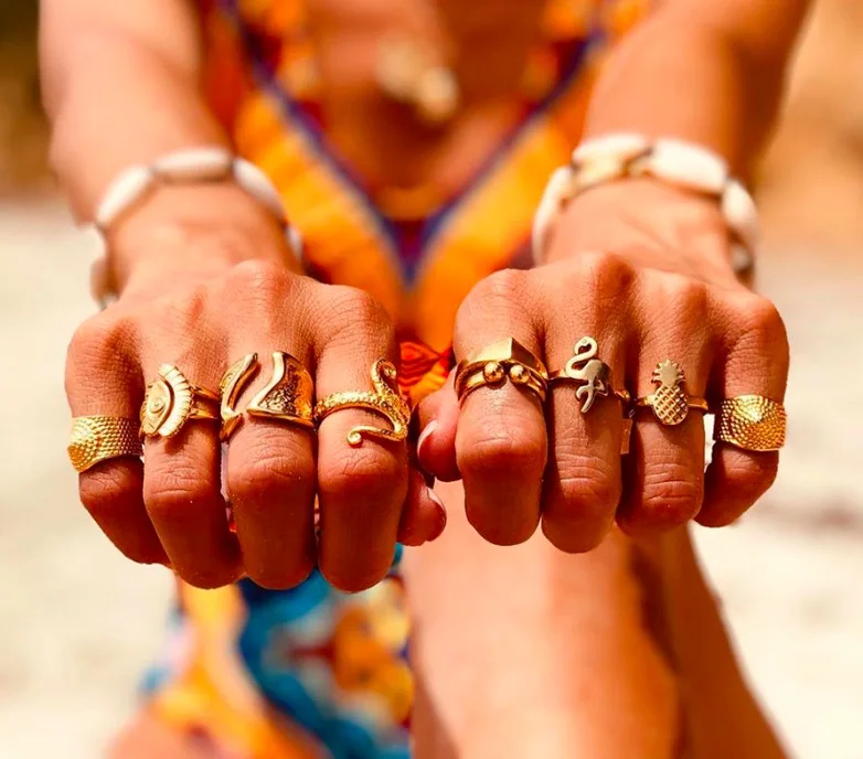 

1Set Gold Ring Set Women Bohemian Vintage Crown Wave Flower Heart Leaf Crystal Opal Joint Rings Party Silver Ring Set