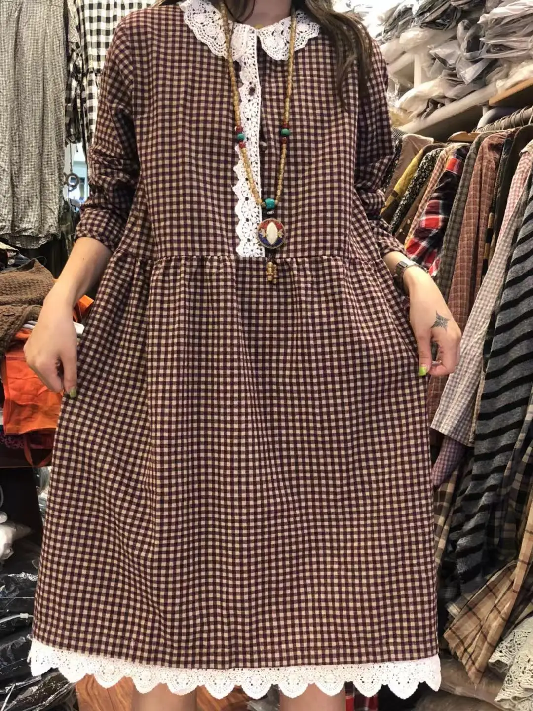 

Japan Mori Girl Sweet Dress Lace Crochet Plaid Basic Dress for Women Long Sleeve Autumn Cotton Loose Dresses Robe Femme Vestidos