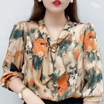 여성 봄 여름 스타일 쉬폰 블라우스 셔츠 레이디 캐주얼 반 소매 나비 넥타이 칼라 프린트 블라우스 탑 DF4198