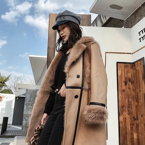Camel Пальто из натурального меха, женская зимняя куртка с подкладкой из натурального меха, Женские винтажные двухсторонние топы, корейские шерстяные куртки Hiver 1962 - Цвет: Camel