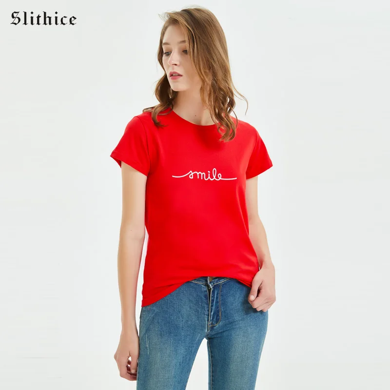 

Slithice Fashion Graphic Smile Letter Printed t shirt Summer Women T-shirts Top Short sleeve tumblr grunge female tshirt