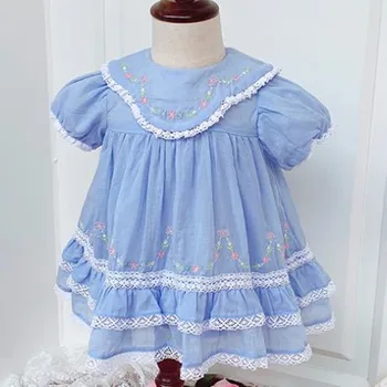 

ins Baby Girl Blue Vintage Embroidery Princess Dress for Girl Birthday Casual Cotton Dress