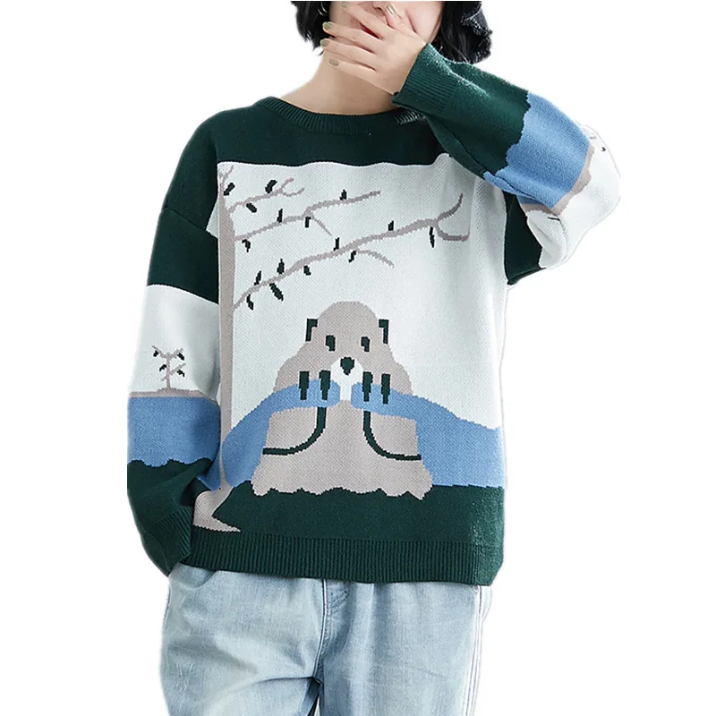 

2021 New Autumn and Winter Fashion Retro Cartoon Cute Little Fresh Loose-Fit Pullover Long-Sleeve Women's Sweater Warm Sweater