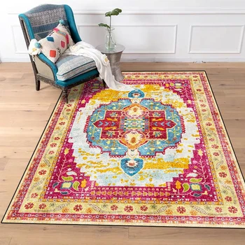 

Morocco Style Area Rugs Living Room Coffee Table Sofa Non-Slip Floor Mat Persian Yellow Red Flowers Print Bedroom Bedside Carpet